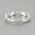 Detailed view of silver textured band ring with engraved stripes and two zircon stones - Adjustable Open / Thin Brushed Rhinestone Ring / Silver