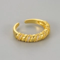 Detailed view of the gold-plated twisted rope ring featuring pavé set zircon accents - Adjustable Open / Sparkling Rhinestone Ring / Gold