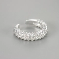 Detail view of woven textured silver ring with micro-set zircons and brushed finish - Adjustable Open / Wheat Ear Ring / Silver