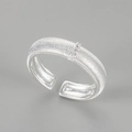 Macro detail of brushed silver ring featuring vertical stripes and three inset zircons - Adjustable Open / Thick Brushed Rhinestone Ring / Silver