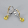 Detail view of silver drop earrings with yellow pear-cut zircon and pavé setting - Platinum Yellow