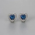 Elegant heart stud earrings with blue heart zircon and pavé white stone accents - Royal Blue Rhinestone