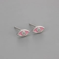 Detail of pink enamel evil eye stud earrings with white zircon stone in silver finish - Copper / Silver Pink