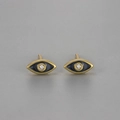 Detailed close-up of evil eye stud earrings with golden frame and black enamel finish - Copper / Gold Black