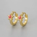 Close-up of gold hoop earrings with red enamel stars and sparkling zircon inlay - Copper / Gold Red