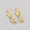 Golden hoop earrings with Letter R pendant and sparkling white zircon stones - Gold / R