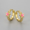 Macro shot of gold-plated hoop earrings with white zircons and pink enamel star charms - Copper / Golden Rose Red