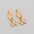 Elegant gold letter W hoop earrings with sparkling white cubic zirconia pavé stones - Gold / W
