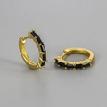 Golden huggie hoop earrings with rectangular black cubic zirconia in modern minimalist style - Gold/Black Rhinestone