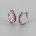 Silver hoop earrings featuring five rectangular rose red gemstones in a minimalist design - Silver/Red Zirconia