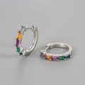 Silver huggie hoop earrings with five colorful rectangular cubic zirconia stones - Silver/Multi-color Zircon
