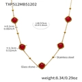 Detail view of gold stainless steel necklace with five square red glass stones and sizing data - Necklace / Red / Gold