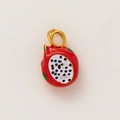 Detail of 18K gold-plated dragon fruit pendant with vibrant red enamel and green leaves - Fruit