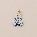 Detail of white ceramic-style cat pendant with blue illustrations and gold ring - Cat with Cup-14 (Pendant Only (Without Chain))
