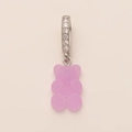 Detail of a sparkling silver ring with a pink purple gummy bear resin boot charm - Purple Bear Silver Rhinestone Clasp