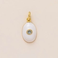 Oval white enamel pendant with blue zircon center and vacuum plated gold finish - March Birthstone Pendant