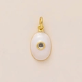 Detailed view of an oval ivory enamel pendant with a central sparkling cubic zirconia stone - April Birthstone Pendant