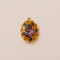 Vintage 18K vergulde ovale hanger met bloemendesign en golvende gouden rand - Ovale Emaille Bloem Hanger (Koffieboon) / Paars