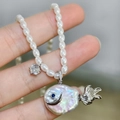 Baroque pearl fish pendant necklace with blue gem eye and 18K gold plated chain - Long Tail Fish Necklace (Natural Pearl/Artificial Pearl)