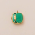 Macro shot of 18K gold-plated box pendant with green enamel and side hinge details - Round Green Locket Pendant
