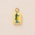 Minimalist cream yellow rectangle pendant with blue hand-painted abstract fish and gold ring - Oval Little Fish