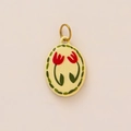 Detail of oval enamel tulip pendant with red flowers and green leaves on gold plating - Oval Tulip