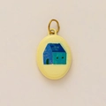 Ciondolo ovale in ceramica con motivo a casa disegnato a mano e anello in oro 18K - Casa Tetto Blu Ovale