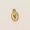 Detailed macro of oval 18K gold-plated pendant with conch seashell embossed in white - Conch Medal Pendant