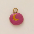 Ciondolo tondo in ceramica rosa-viola con motivo luna gialla e anello in metallo oro - Stile Luna Rosa
