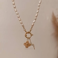Collar de perlas barrocas con trébol de oro de 18K y colgantes de rayos estilo minimalista - Cadena de Perlas con Cierre de Marinero (Sin Colgante) 40+5cm