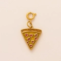 Detailed close-up of a pizza-shaped gold pendant with red heart toppings and spring clasp - Heart Pizza Pendant / Gold