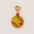 Detail showing enamel softball pendant with pink heart and 18K gold vacuum plating - Tennis Ball / Yellow
