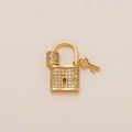 Detail of 18K gold plated padlock and key charm with micro-paved white cubic zirconia stones - Key Lock Pendant