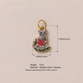 Goldener Edelstahl-Katzenanhänger mit rosa Blumenemaille im Vintage-Kunststil - Nr. 8 Pfingstrosenkatze Anhänger