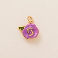 Detailed view of purple enamel rose charm with gold-plated edges and a green leaf - No.8 Purple Rose Petal Pendant