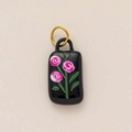Black rectangular purse pendant with pink rose details and gold hanging ring - No.6 Square Pink Flower Pendant
