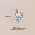 Blue leaf patterned heart pendant in 18K gold plated stainless steel with enamel - No.11 Heart Grass