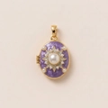 Vintage 18K gold locket pendant with purple enamel, large center pearl and star pattern - Purple Pearl Pendant Only (Without Chain)