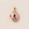 Pink enamel egg-shaped locket pendant in 18K gold plating with vintage ruby gemstones - Pink Locket with Red Gem