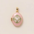 Pendentif médaillon ovale en émail rose avec perle et motif floral en finition or 18K - Breloque Fleur Rose