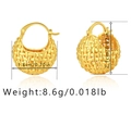 Detail view of gold hoop earrings with woven texture including size and weight measurements - Fine Woven Basket Style (KE0335)