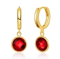 Close-up of gold-plated hoop earrings with vibrant red faceted zircon crystals - Red (KE0475-1)