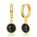 Close-up of gold hoop earrings with faceted black gemstone drops on white reflective surface - Black (KE0475-6)