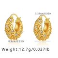 Macro detail of gold oval hoop earrings with baguette zircon stones and size measurements - Interwoven Texture with Zirconia Style (KE0572)