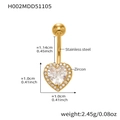 Vista macro de piercing de ombligo de corazón dorado con medidas de acero y circón - Estilo de Corazón (H002) / Dorado