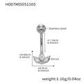 Vista de detalle del piercing de ombligo de acero con medidas y diseño de hojas de circón - Estilo de Loto (H007) / Color acero