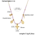 Pink crystal stone beaded necklace with gold stainless steel charms and zircon pendants - Beaded Necklace (42+5cm) / Pink (TXP481 Necklace)