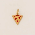 Macro shot of a 18K gold plated pizza slice pendant with red enamel topping detail - Pizza Slice Style