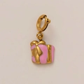 Pink enamel gift box charm with gold bow and lobster clasp for DIY jewelry - Gift Box Pendant