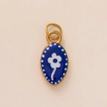 Pendentif ovale en émail bleu avec fleur blanche pour création de bijoux DIY - Pendentif Ovale Fleur Dent / Bleu